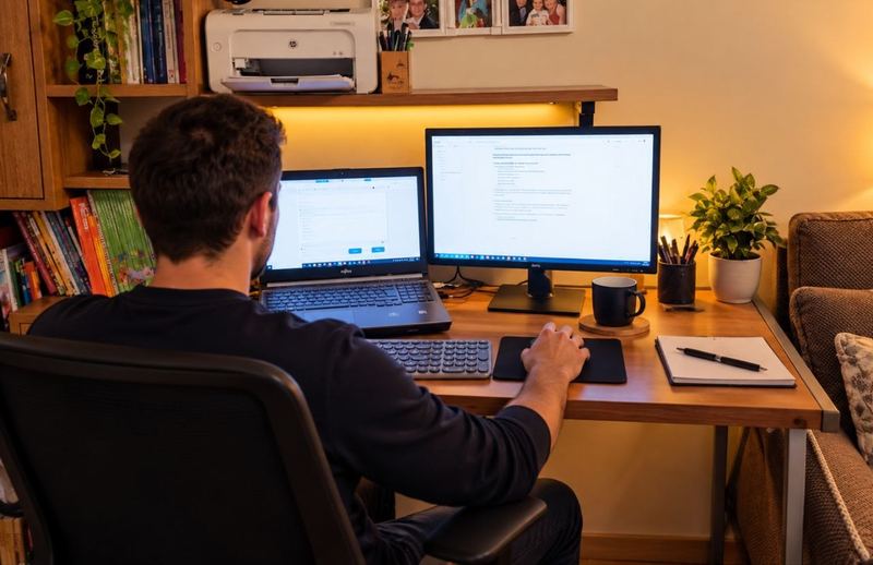 Web2Lab dizajner za radnim stolom sa laptopom i monitorom
