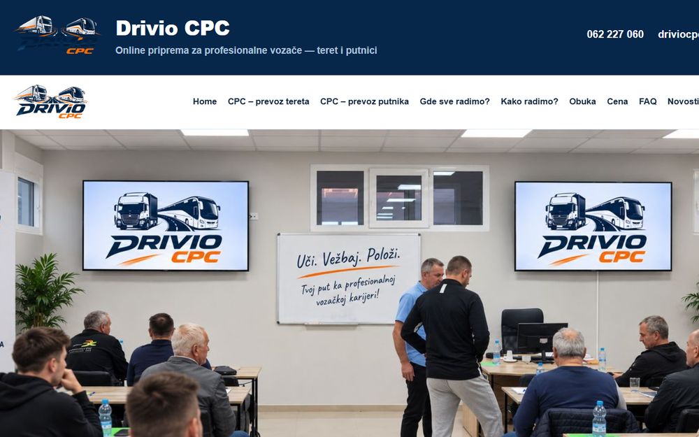 Početna stranica sajta Drivio CPC: Uči. Vežbaj. Položi.